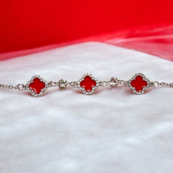 Elegant Red Clover Rhinestone Silver Tone Bracelet - Picture 2 of 4